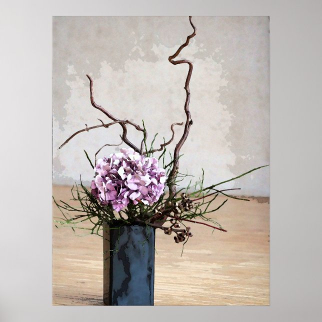 Hydrangea och Wood Vas Watercolor Poster (Framsidan)