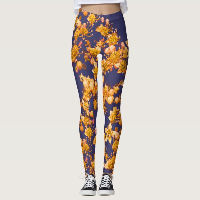 Hydrangea Orang och Navy Blue Leggings (Framsida)