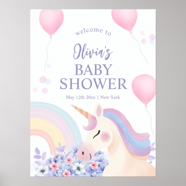 Hydrangea Rainbow Unicorn Baby Shower Välkommen Poster (Framsidan)