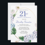 Hydrangea Ro 21:a födelsedagen Party Inbjudningar<br><div class="desc">Blå vattenblommor och  ro-blommigtar dekorerar en guld oval ram. En öppen och vettig modern botanik.</div>