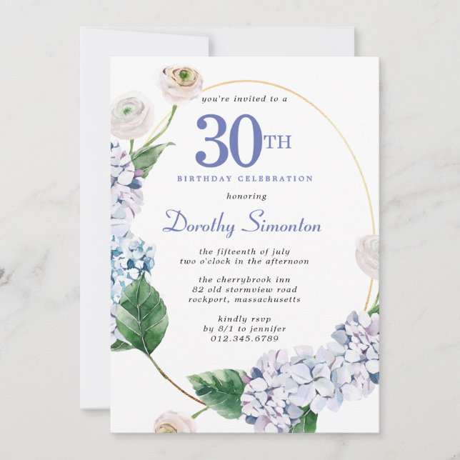 Hydrangea Ro 30års födelsedag Party Inbjudningar (Framsida)