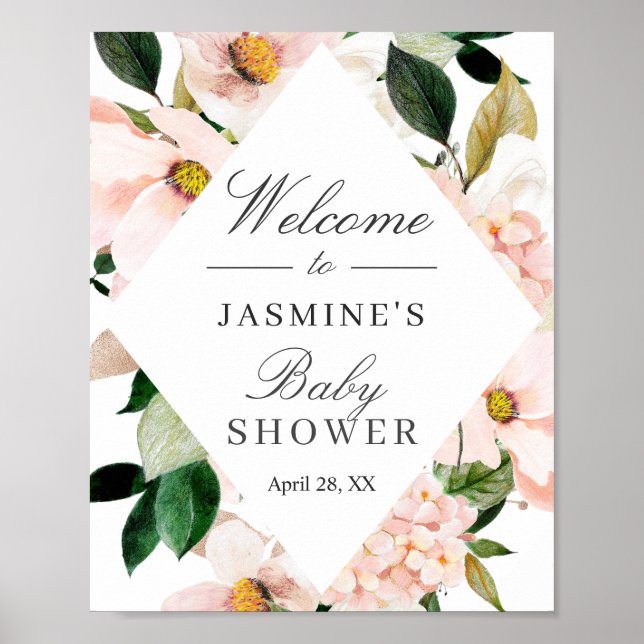 Hydrangea rosablommig baby shower-skylt poster (Framsidan)