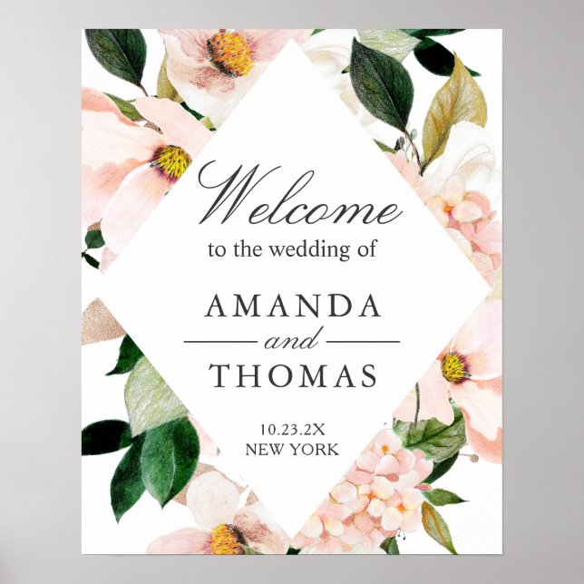 Hydrangea rosaktig blommig bröllopsskylt för välko poster (Framsidan)