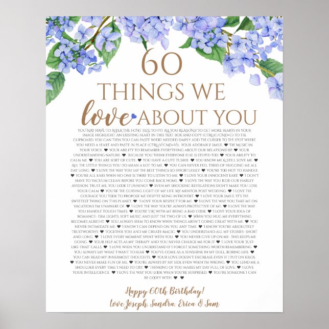 hydrangea saker vi älskar dig 60 saker födelsedag poster (Framsidan)