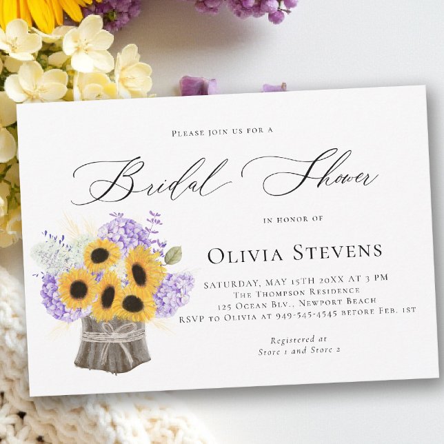 Hydrangea Solros Lilac Rustik Bröllopsfest Inbjudningar (bridal shower invitation sunflower lilac hydrangea rustic elegant barn outdoors garden backyard)