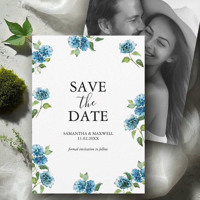Hydrangea Spara Datum Med Bild Datumet (blue hydrangea save the dates with hand painted watercolor art by Victoria Grigaliunas)