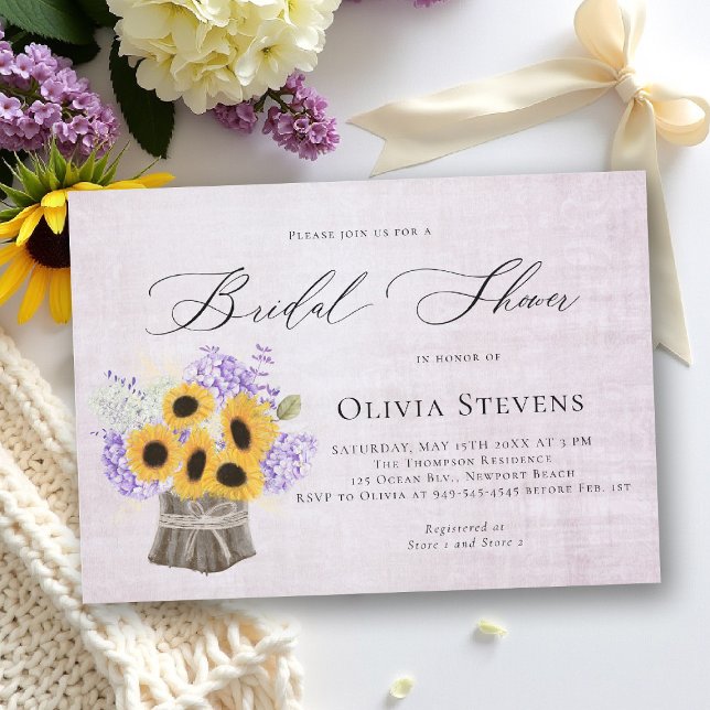Hydrangea Sunflowers Lilac Vintage Bridal Shower Inbjudningar (bridal shower invitation sunflower lilac hydrangea elegant barn outdoors garden backyard rustic)