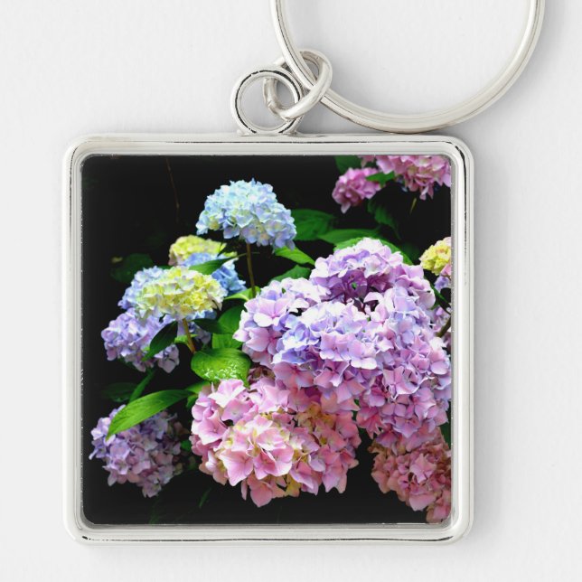 Hydrangea-trädgård, rosa, blått, lila blommigt fyrkantig silverfärgad nyckelring (Framsidan)