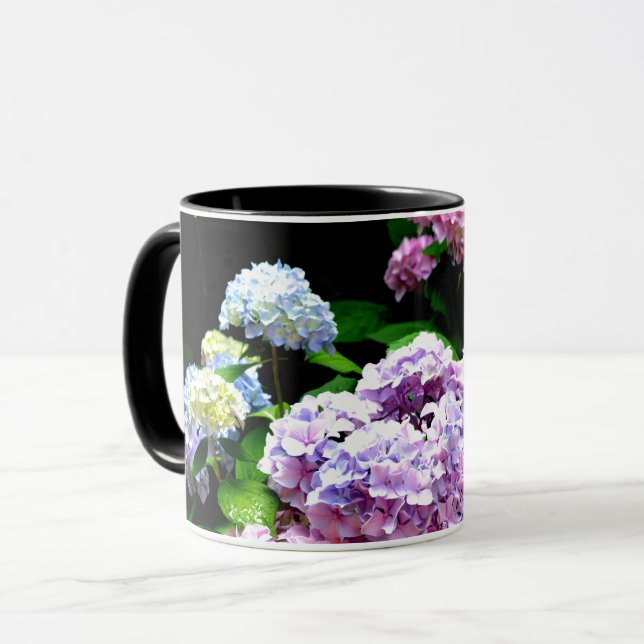 Hydrangea-trädgård, rosa, blått, lila blommigt mugg (Framsida vänster)