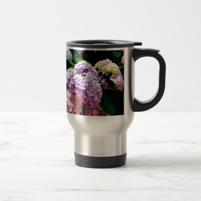 Hydrangea-trädgård, rosa, blått, lila blommigt resemugg (Höger)