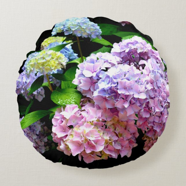 Hydrangea-trädgård, rosa, blått, lila blommigt rund kudde (Framsidan)