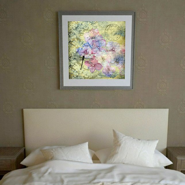 Hydrangea Trollslända Poststämpel Grunge Poster (Skapare uppladdad)