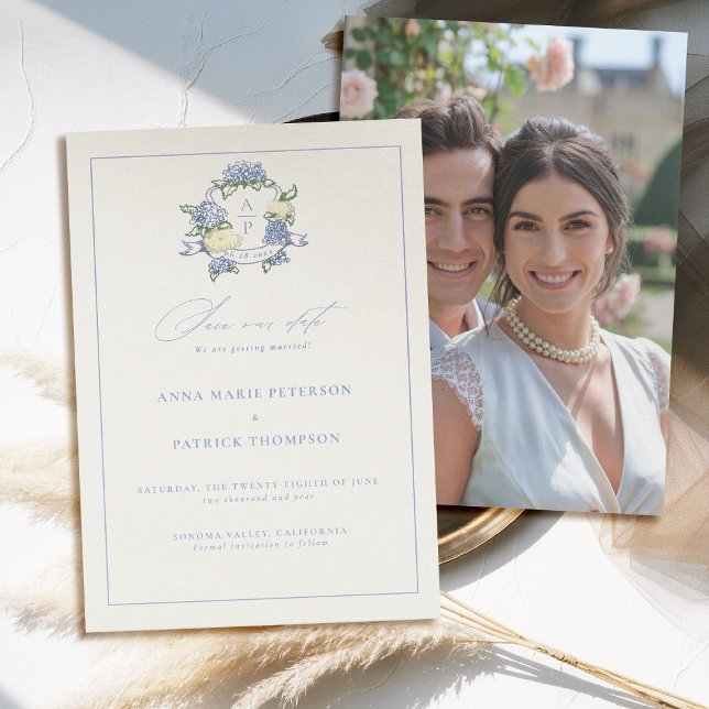 Hydrangea Vapensköld Blue Elegant Ram Photo Bröllo Spara Datumet (hydrangea wedding save the date modern classic traditional frame crest old money blue periwinkle)