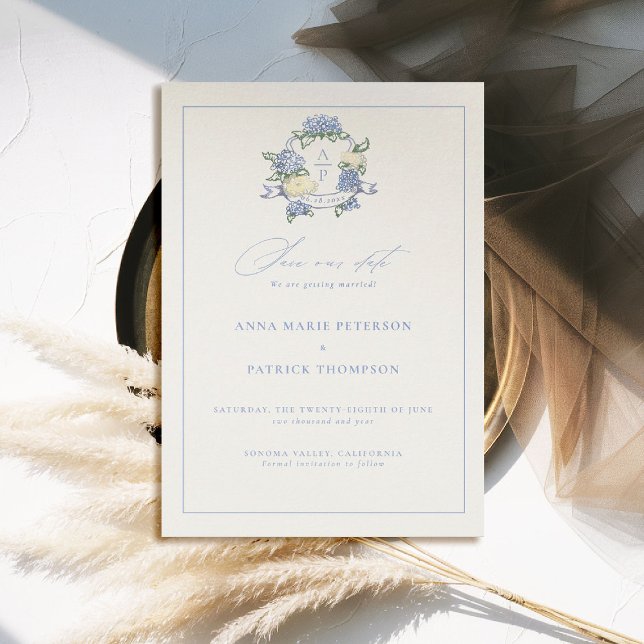 Hydrangea Vapensköld Periwinkle Blue Elegant bröll Spara Datumet (formal wedding save the date modern classic traditional frame hydrangea crest old money blue )