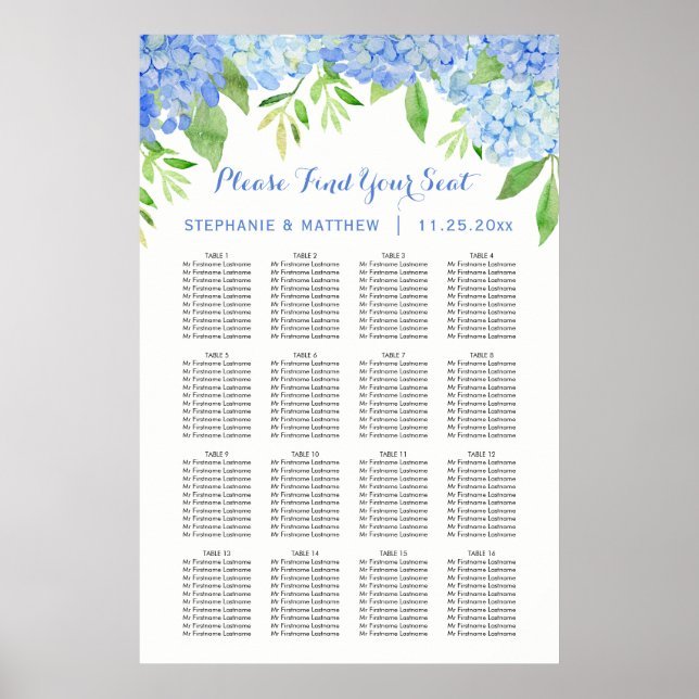 Hydrangea Watercolor Blommigt Bröllop Sittdiagram, Poster (Framsidan)