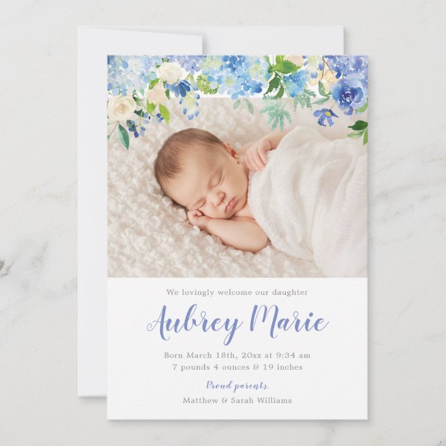 Hydrangea Watercolor Blommigt Girl Photo Birth Meddelande (Framsida)