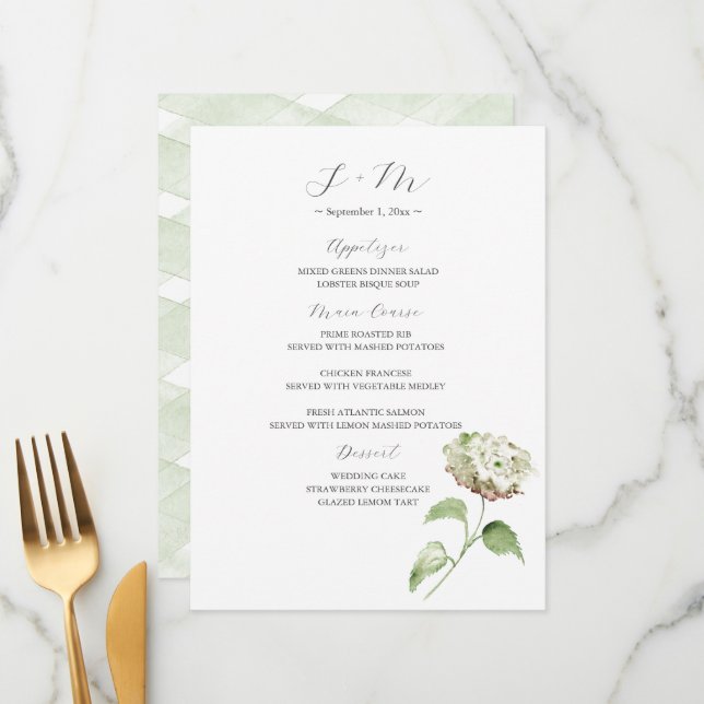 Hydrangea Wedding Table Decor | Menu Meny (Fram/Back In Situ)