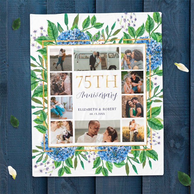 Hydrangeas 75-årsjubileum Anpassad fotokollage Fleecefilt (Skapare uppladdad)