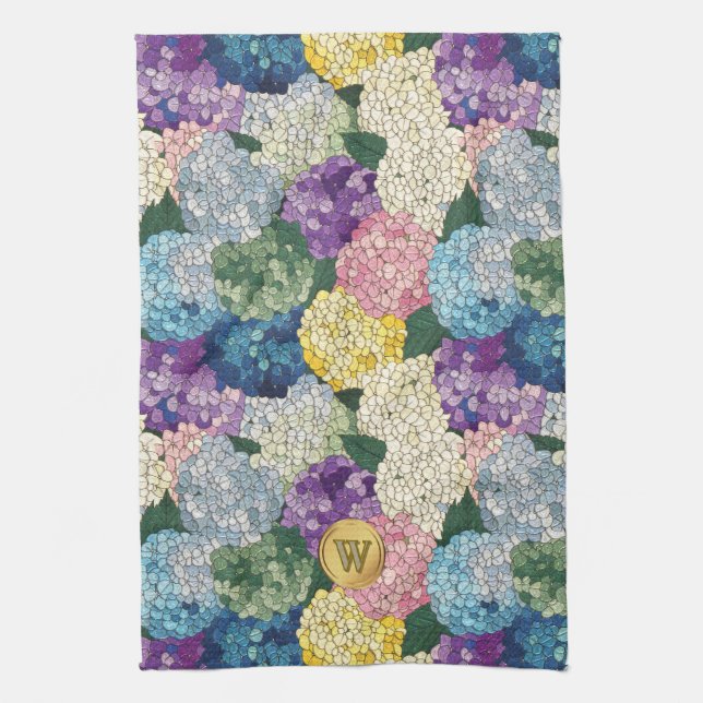 Hydrangeas Blommig Falsk Glasmosaik Monogram Kökshandduk (Vertikal)