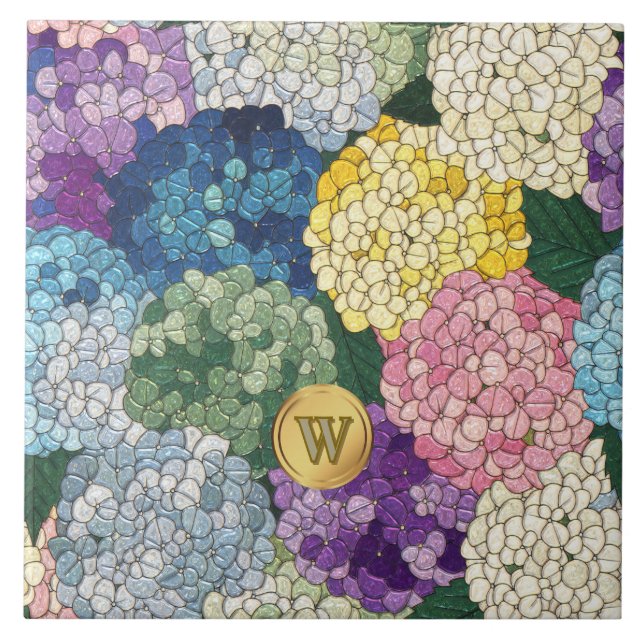 Hydrangeas Blommig Falskt Glasmosaikmonogram Kakelplatta (Framsidan)