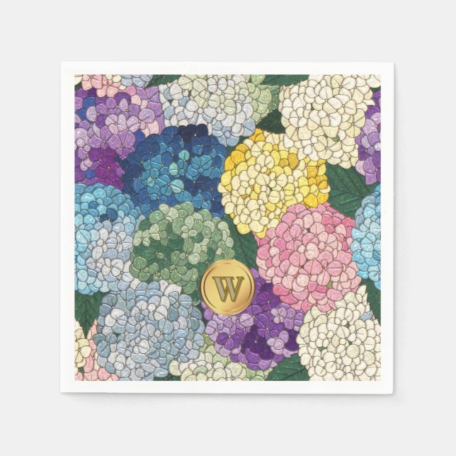 Hydrangeas Blommig Falskt Glasmosaikmonogram Pappersservett (Framsidan)