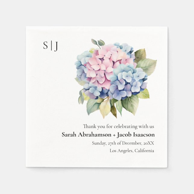 Hydrangeas Eleganta Bröllopsservetter Pappersservett (Framsidan)