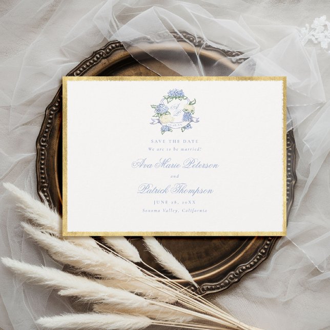 Hydrangeas Krön Blue Ivory Guld Ram Bröllop Spara Datumet (formal wedding save the date modern classic traditional frame hydrangea crest gold blue periwinkle )