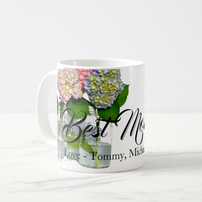Hydrangeas och Mason burk best mamma någonsin Kaffemugg (Framsida vänster)