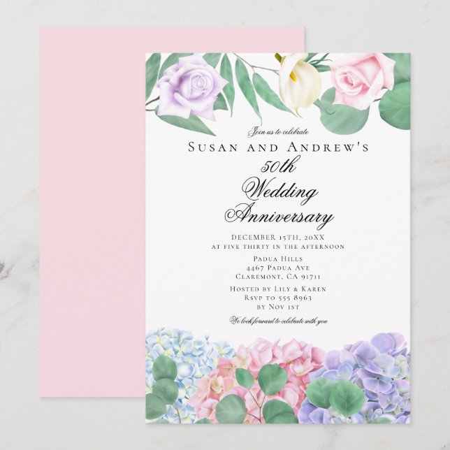 Hydrangeas Roses Wedding Anniversary Invitations Inbjudningar (Fram/baksida)