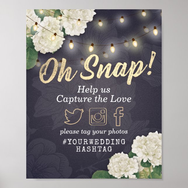 Hydrangeas & String Ljus Bröllop Oh Snap Hashtag Poster (Framsidan)