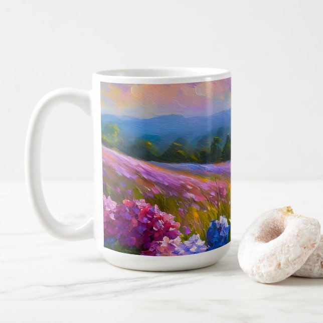 Hydrangeus i färgen Flower Fält Kaffemugg (Med munk)