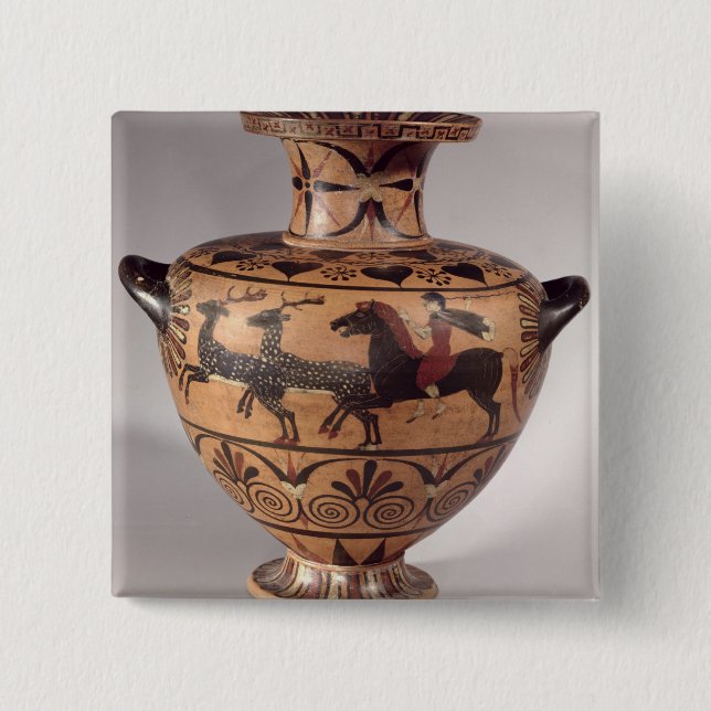 Hydria som jagar plats, arkaisk grek, svart figur knapp (Framsida)