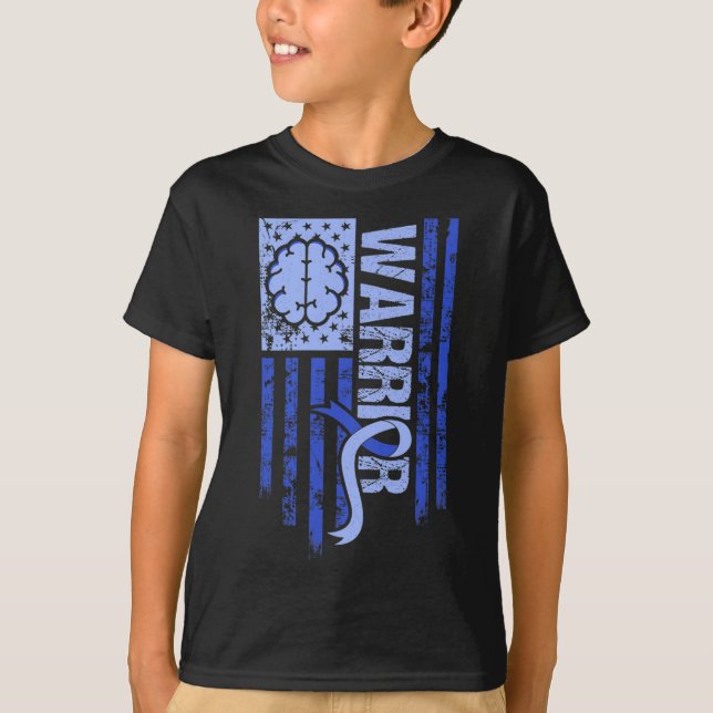 Hydrocephalus Warrior Flagga Blue Ribbon Awareness T Shirt (Framsida)