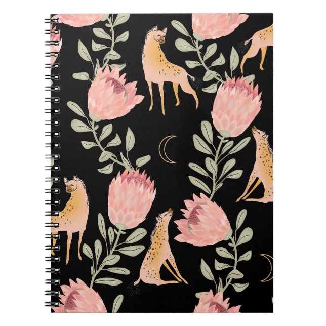 Hyena & Protea: Black Background Seamless Anteckningsbok (Framsidan)