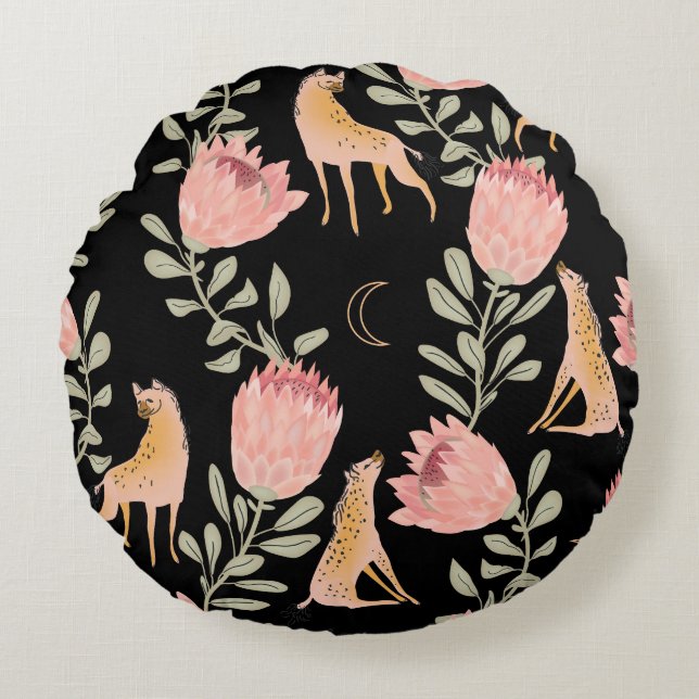 Hyena & Protea: Black Background Seamless Rund Kudde (Framsidan)