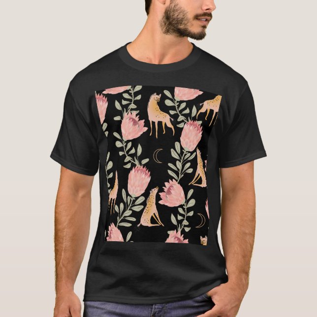 Hyena & Protea: Black Background Seamless T Shirt (Framsida)