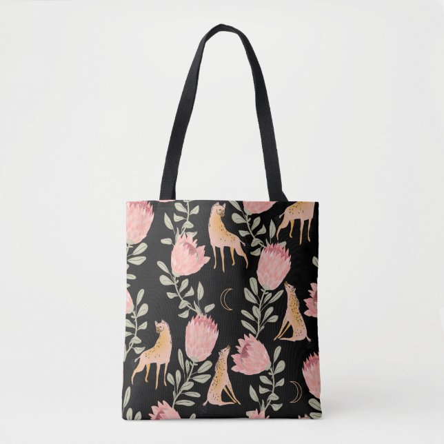 Hyena & Protea: Black Background Seamless Tygkasse (Framsida)