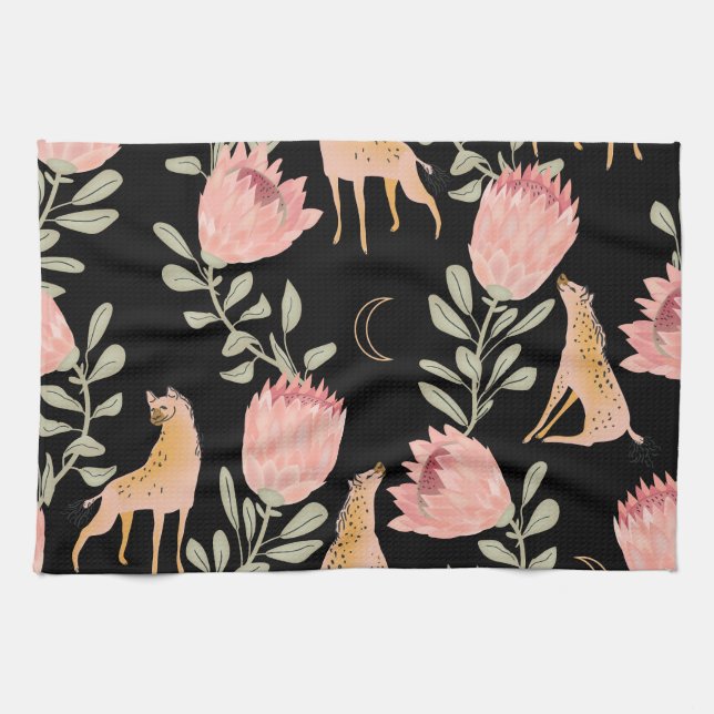 Hyena & Protea: Mörk Vintage Mönster Kökshandduk (Horisontell)