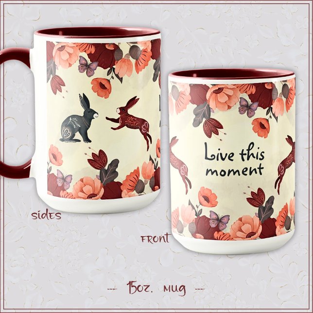 Hygge Blommigt Scandinavian Folk Art Bunny Rabbit Mugg (Skapare uppladdad)