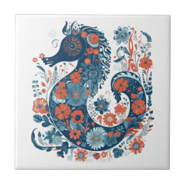 Hygge Blue Blommigt Seahorse Scandinavian Folk Art Kakelplatta