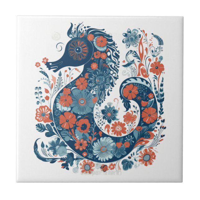 Hygge Blue Blommigt Seahorse Scandinavian Folk Art Kakelplatta (Framsidan)