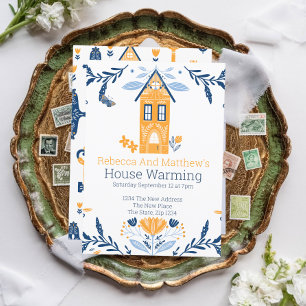 Hygge Blue Gult House och Flowers Inbjudningar