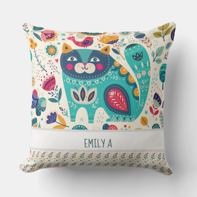 Hygge Decor Personlig Cat Folk Art Gift Kudde (Framsida)