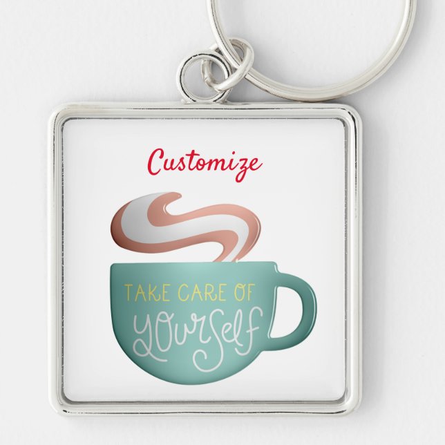 Hygge Drink Self-Care Thunder_Cove Fyrkantig Silverfärgad Nyckelring (Framsidan)