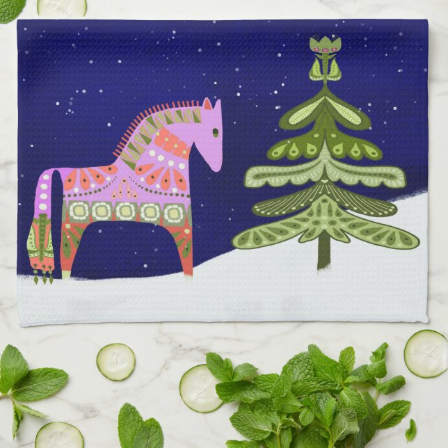 Hygge Horse Winter Scene Kitchen Tea Towel Kökshandduk (Vikta)
