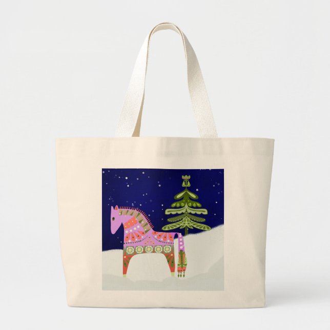 Hygge Horse with Pine Tree Tote Bag Jumbo Tygkasse (Framsidan)