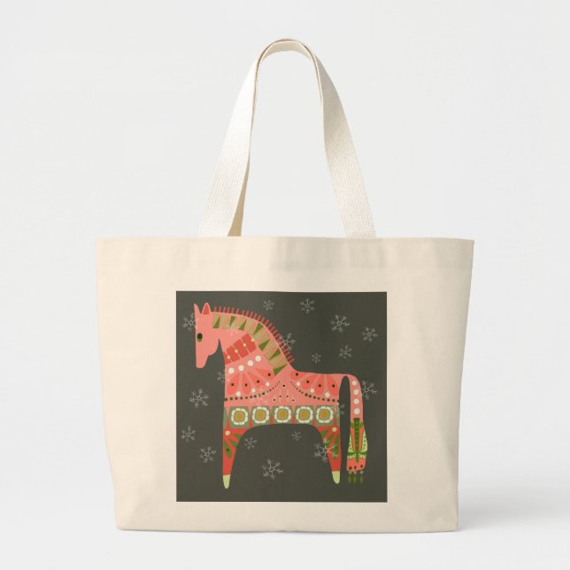 Hygge Horse with Snowflakes and Hearts Tote Bag Jumbo Tygkasse (Framsidan)