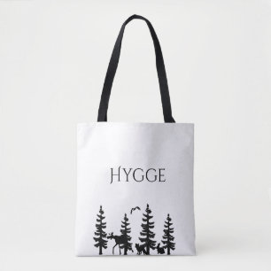 Hygge med tecknad träd och djur i svart tygkasse