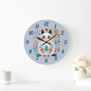 Hygge White Flower Cat Folk Art Stor Klocka