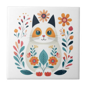 Hygge White Flower Cat Scandinavian Folk Art Kakelplatta
